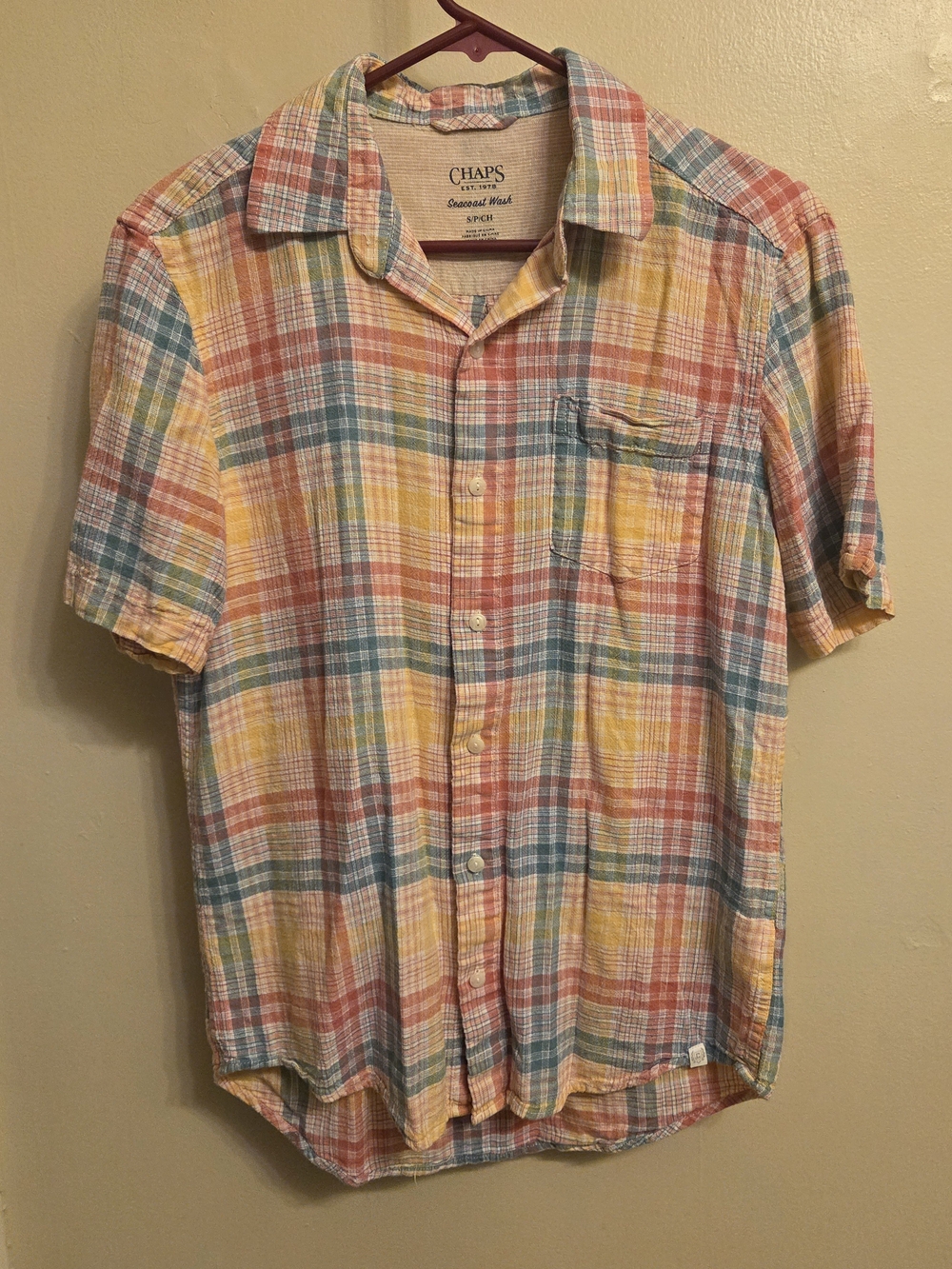 Chaps Relaxed Fit Coastal Cowgirl Plaid Button Down Small Linen Beach Pastel